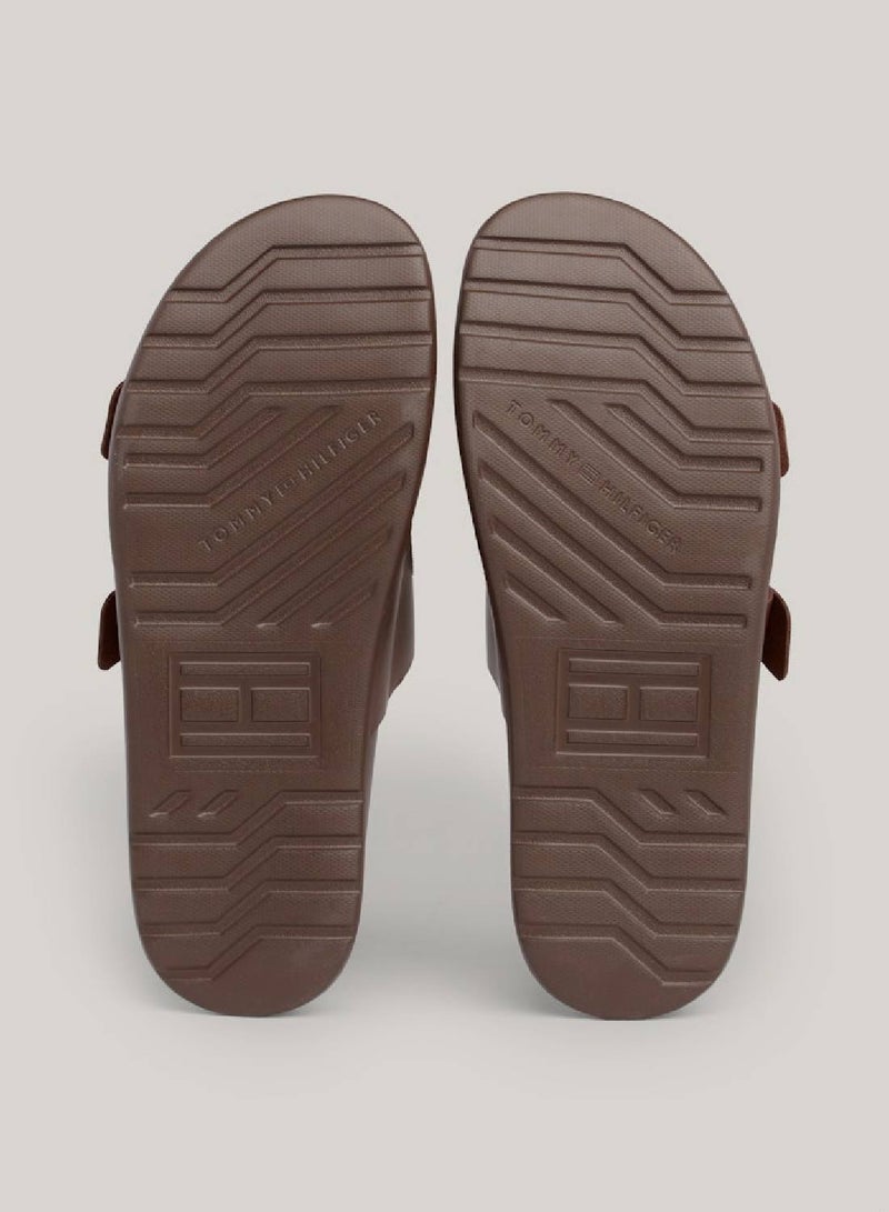 Men's Leather Buckle Sandals/ Flip Flops -  Leather upper, Brown