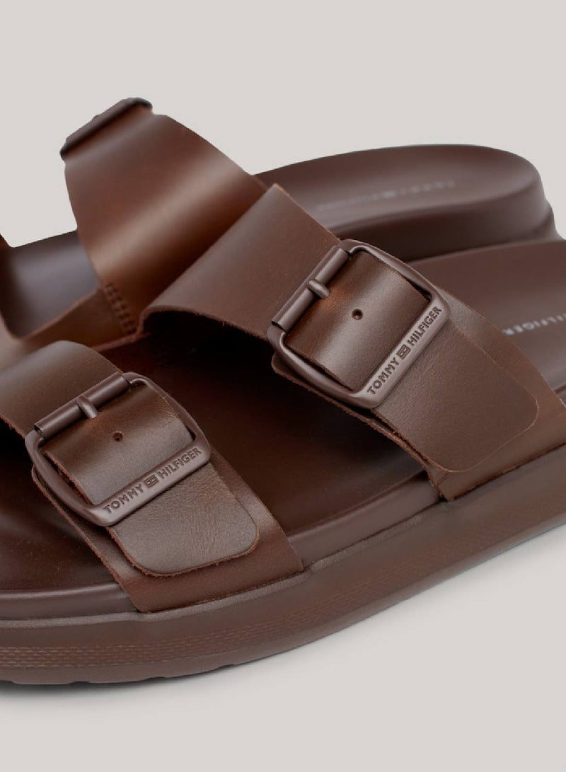 Men's Leather Buckle Sandals/ Flip Flops -  Leather upper, Brown