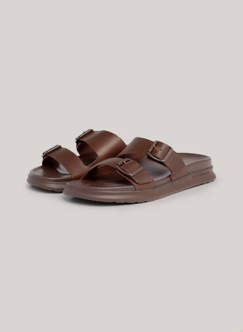 Men's Leather Buckle Sandals/ Flip Flops -  Leather upper, Brown