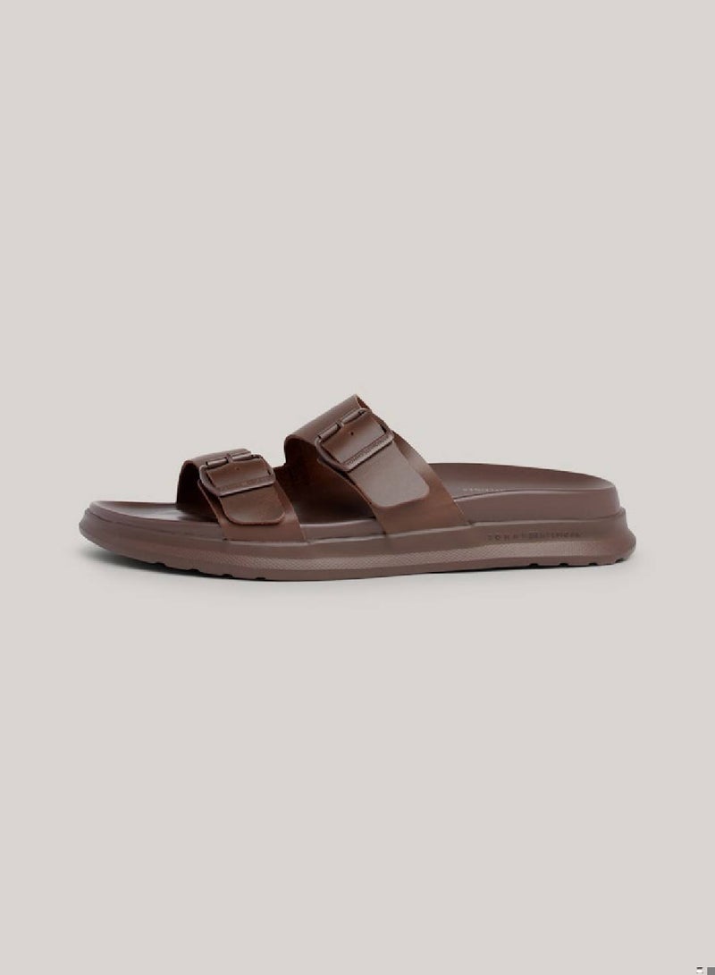 Men's Leather Buckle Sandals/ Flip Flops -  Leather upper, Brown