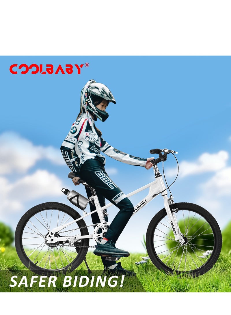 COOLBABY High carbon steel frame adjustable height double brake mountain bike for teenagers.White