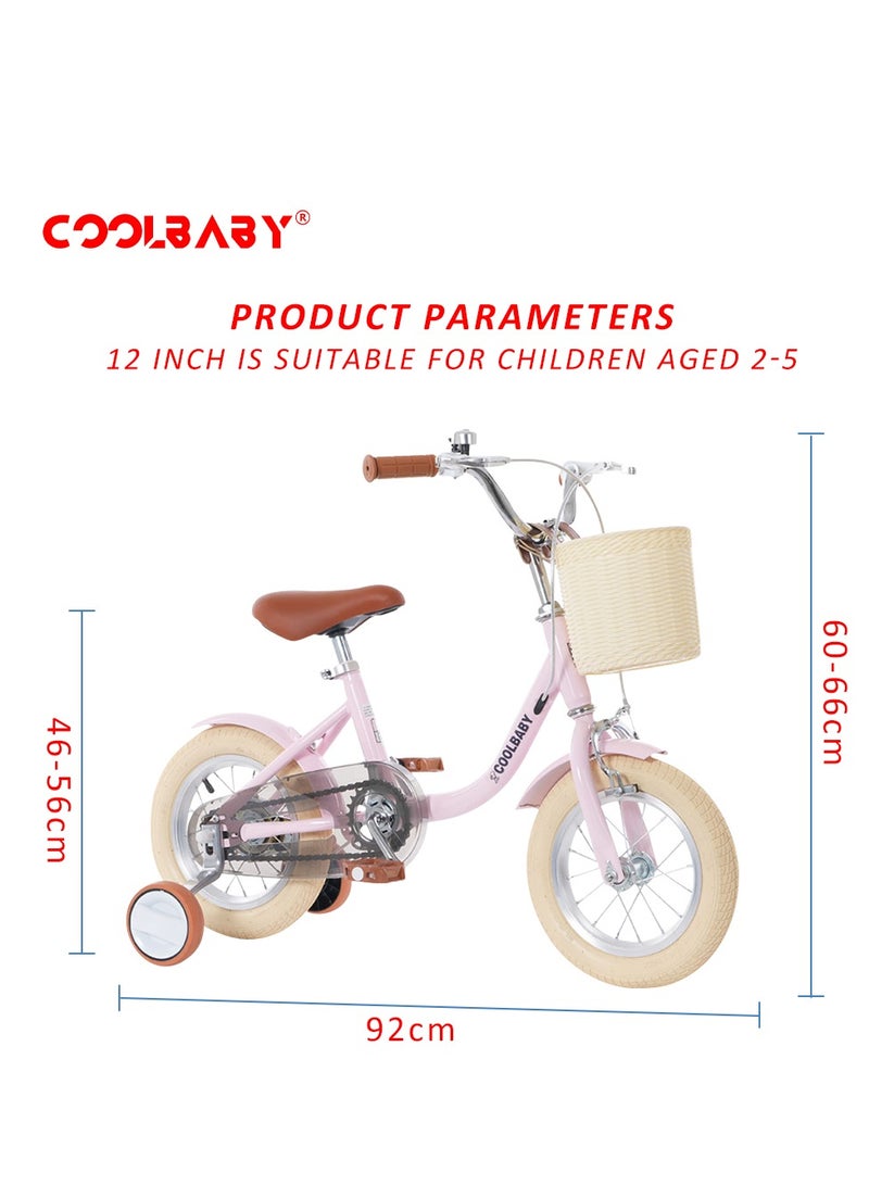 COOLBABY Princess children's bicycles are suitable for children aged 2-5. Children's bicycles with adjustable height with storage baskets and auxiliary wheels are the best gifts for children.Pink