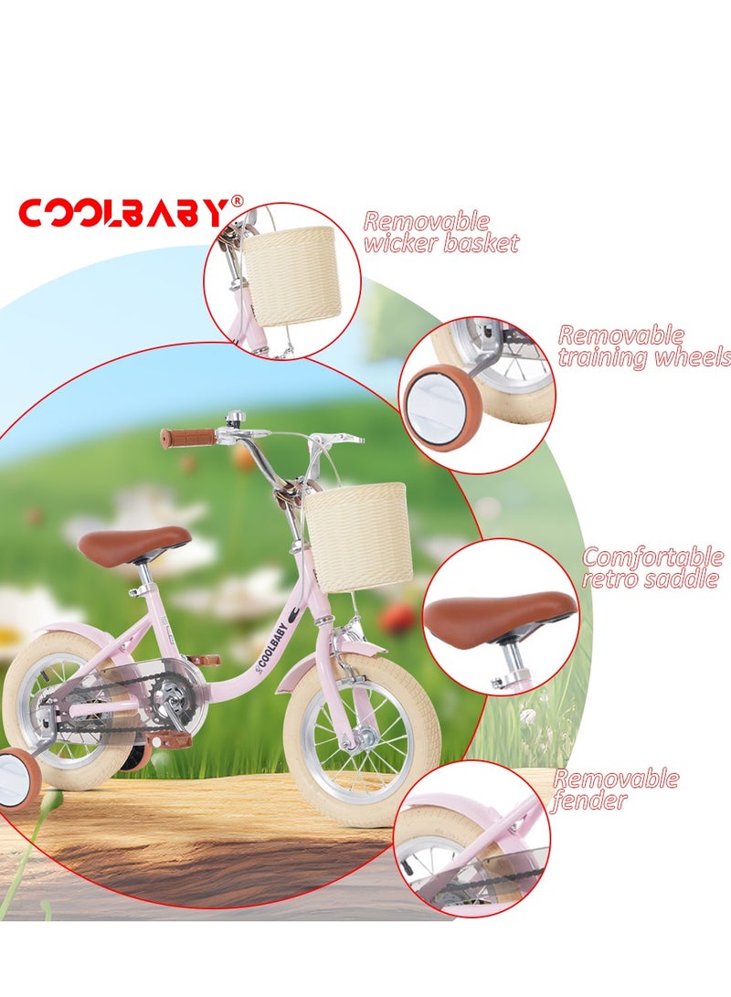 COOLBABY Princess children's bicycles are suitable for children aged 2-5. Children's bicycles with adjustable height with storage baskets and auxiliary wheels are the best gifts for children.Pink