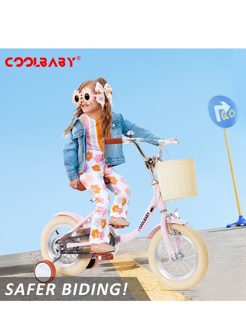 COOLBABY Princess children's bicycles are suitable for children aged 2-5. Children's bicycles with adjustable height with storage baskets and auxiliary wheels are the best gifts for children.Pink