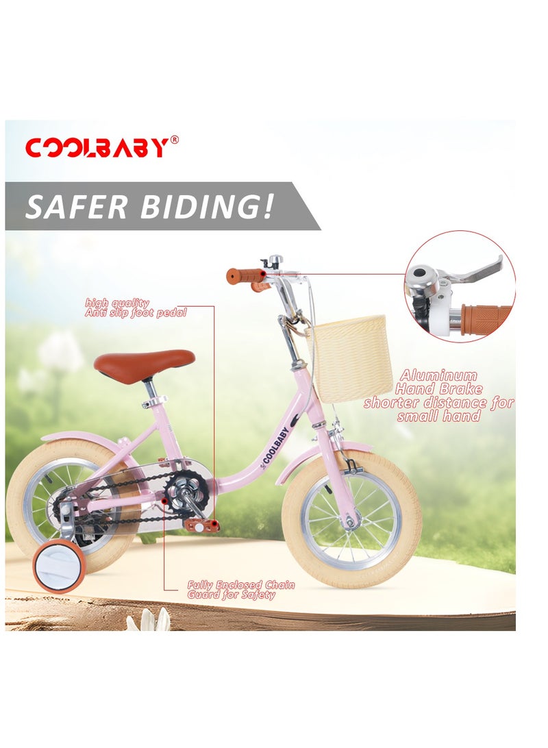 COOLBABY Princess children's bicycles are suitable for children aged 2-5. Children's bicycles with adjustable height with storage baskets and auxiliary wheels are the best gifts for children.Pink