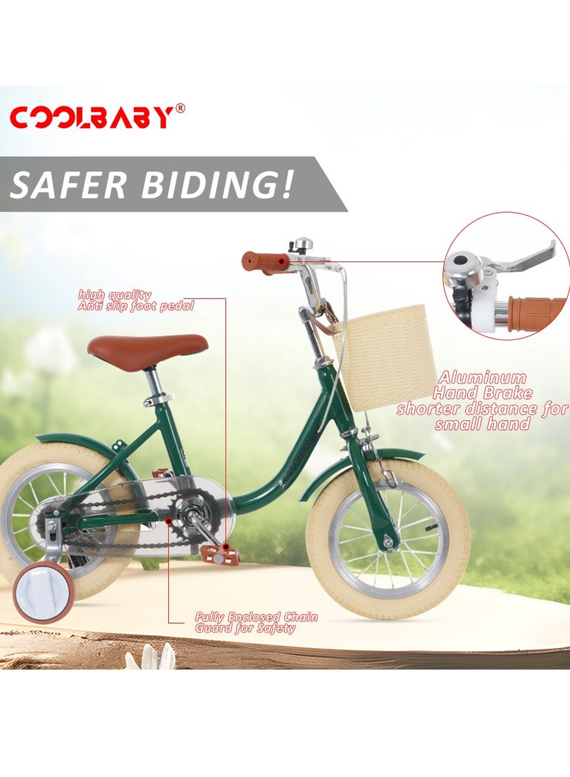 COOLBABY Princess children's bicycles are suitable for children aged 2-5. Children's bicycles with adjustable height with storage baskets and auxiliary wheels are the best gifts for children.Green