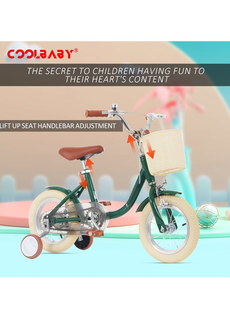 COOLBABY Princess children's bicycles are suitable for children aged 2-5. Children's bicycles with adjustable height with storage baskets and auxiliary wheels are the best gifts for children.Green