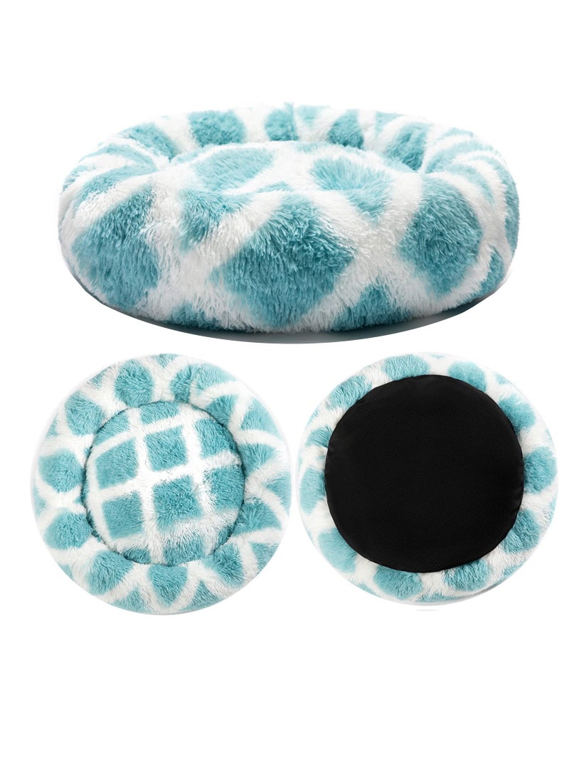 Round Calming Dog Bed for Medium Dogs Donut Cat Beds Washable Soft Fluffy Warming Pet Sleep Non Slip Bottom 24inch Blue White Grid