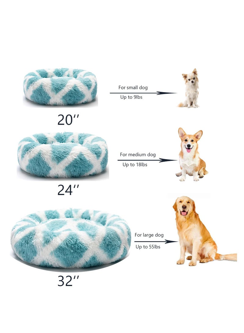 Round Calming Dog Bed for Medium Dogs Donut Cat Beds Washable Soft Fluffy Warming Pet Sleep Non Slip Bottom 24inch Blue White Grid