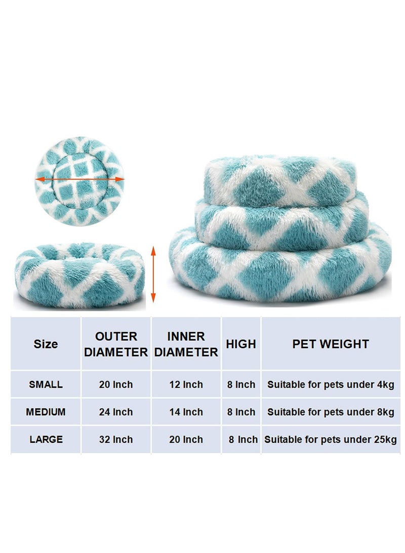Round Calming Dog Bed for Medium Dogs Donut Cat Beds Washable Soft Fluffy Warming Pet Sleep Non Slip Bottom 24inch Blue White Grid