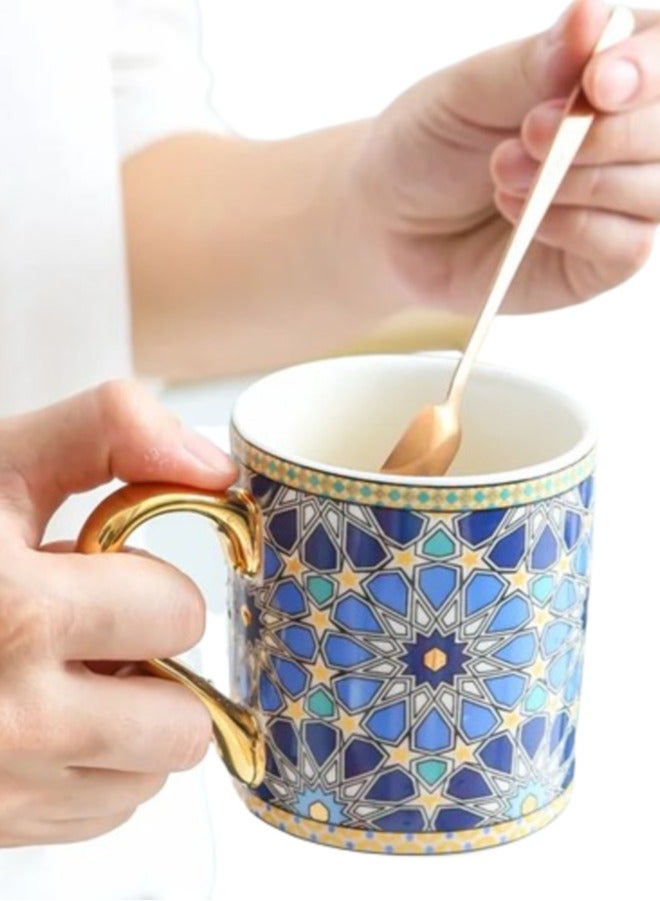 Liying Morocco Style blue Partten Arabian Tea Cup(275ml) and Saucer With Gold Handel Special Ceramic Cup (225ml) Idle for Tea , Coffee and Cappuccino