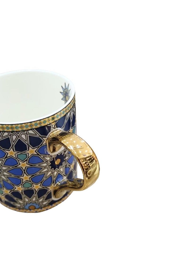 Liying Morocco Style blue Partten Arabian Tea Cup(275ml) and Saucer With Gold Handel Special Ceramic Cup (225ml) Idle for Tea , Coffee and Cappuccino