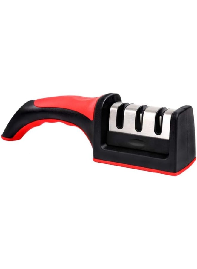 Kitchen Knife Sharpener- Knife Sharpener Professional 3 Stage Sharping System For Steel Knives Black/Red