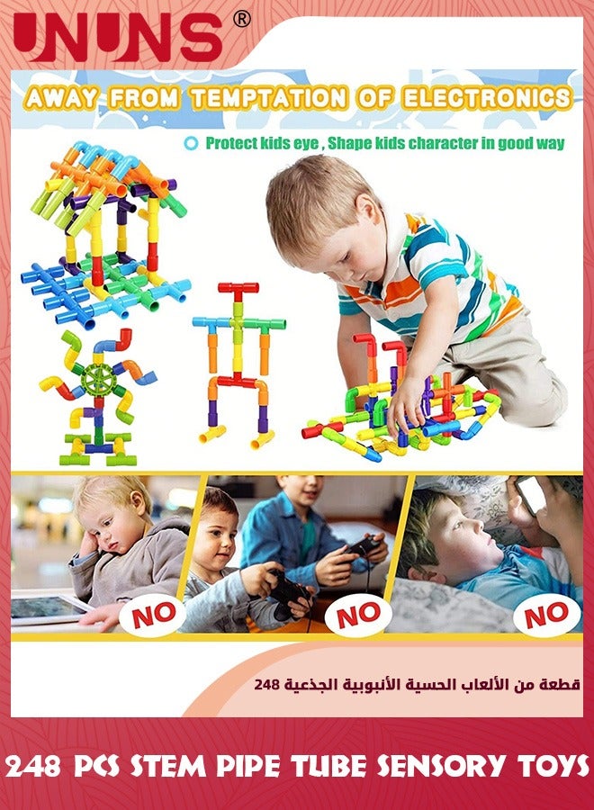 STEM Pipe Tube Toy,248 Pcs Building Block Toys For Kids,Pipe Tube Sensory Learning Toys With Storage Box,Creative Tube Locks Pipeworks Construction Set With Wheels Baseplate,Gift For Boys Girls 3+