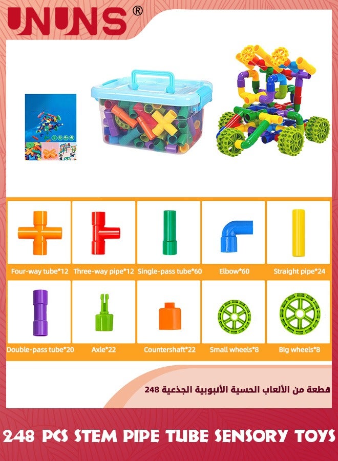STEM Pipe Tube Toy,248 Pcs Building Block Toys For Kids,Pipe Tube Sensory Learning Toys With Storage Box,Creative Tube Locks Pipeworks Construction Set With Wheels Baseplate,Gift For Boys Girls 3+