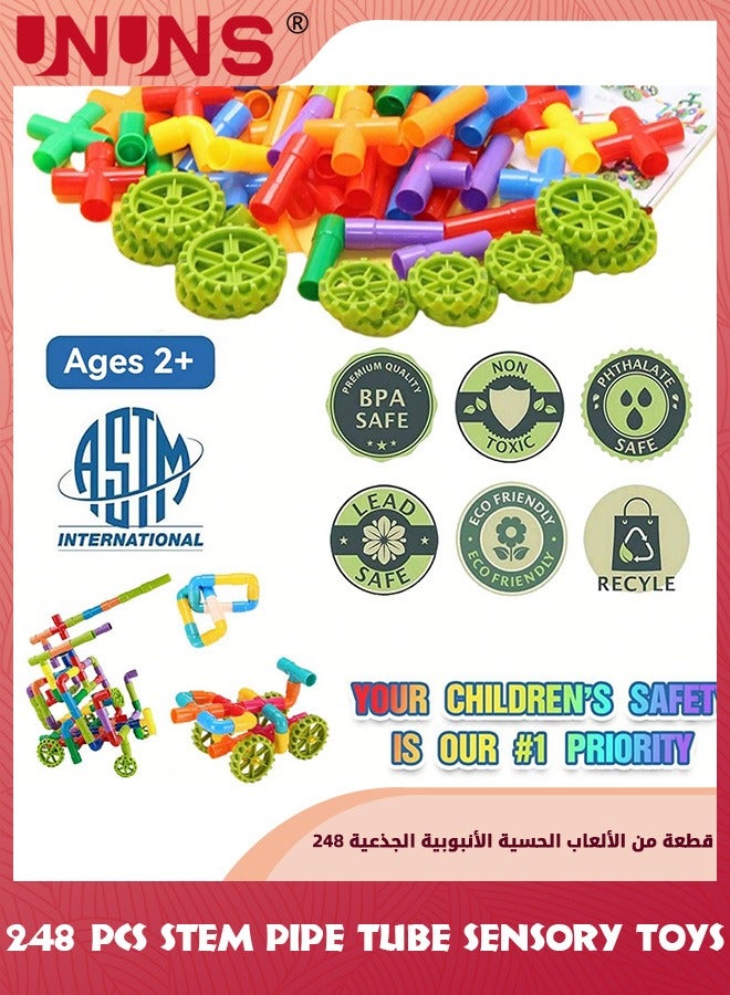STEM Pipe Tube Toy,248 Pcs Building Block Toys For Kids,Pipe Tube Sensory Learning Toys With Storage Box,Creative Tube Locks Pipeworks Construction Set With Wheels Baseplate,Gift For Boys Girls 3+