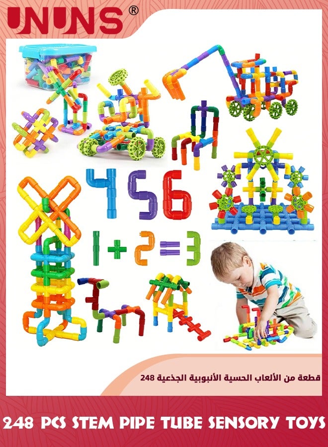 STEM Pipe Tube Toy,248 Pcs Building Block Toys For Kids,Pipe Tube Sensory Learning Toys With Storage Box,Creative Tube Locks Pipeworks Construction Set With Wheels Baseplate,Gift For Boys Girls 3+