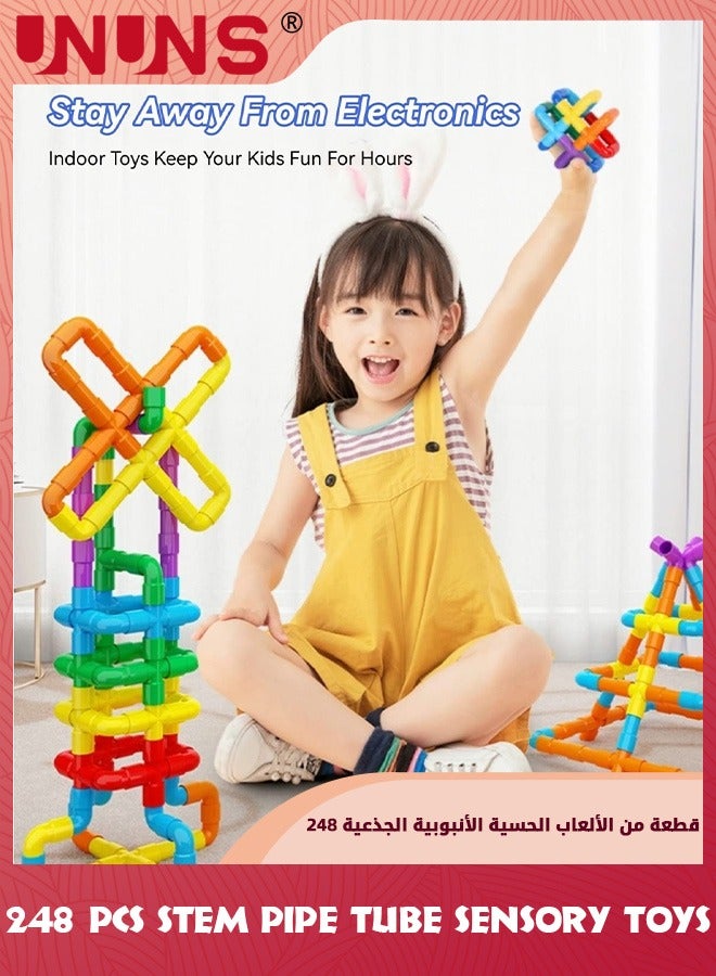 STEM Pipe Tube Toy,248 Pcs Building Block Toys For Kids,Pipe Tube Sensory Learning Toys With Storage Box,Creative Tube Locks Pipeworks Construction Set With Wheels Baseplate,Gift For Boys Girls 3+