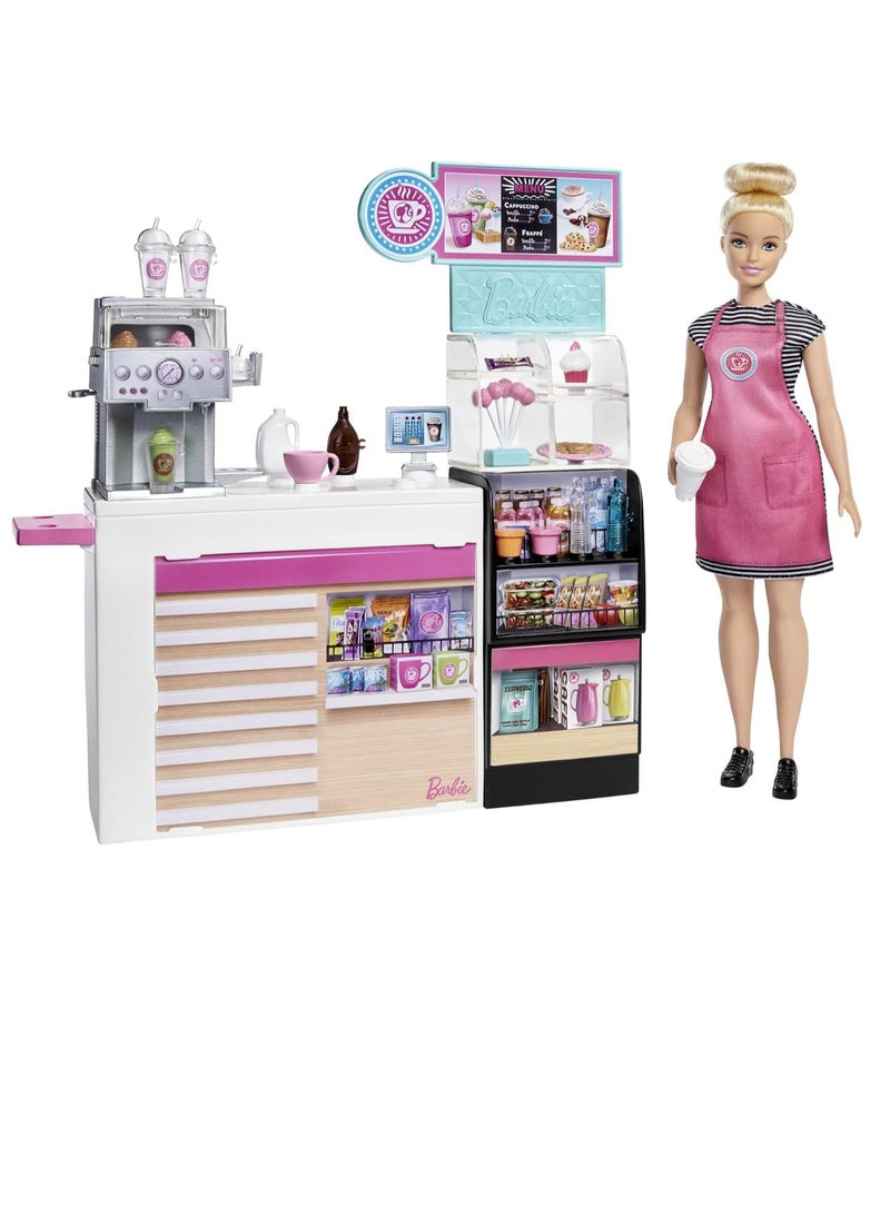 Coffee Shop with 12-in/30.40-cm Blonde Curvy Doll & 20+ Realistic Play Pieces