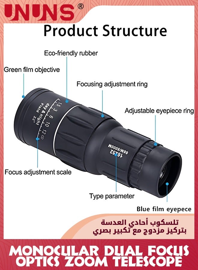 Monocular Telescope,16x52 Monocular Dual Focus Optics Zoom Telescope,Mini Pocket Monoculars With Photo Clip+Tripod,For Birds Watching Stargazing Hunting Travel,High Power Monocular For Adults Kids