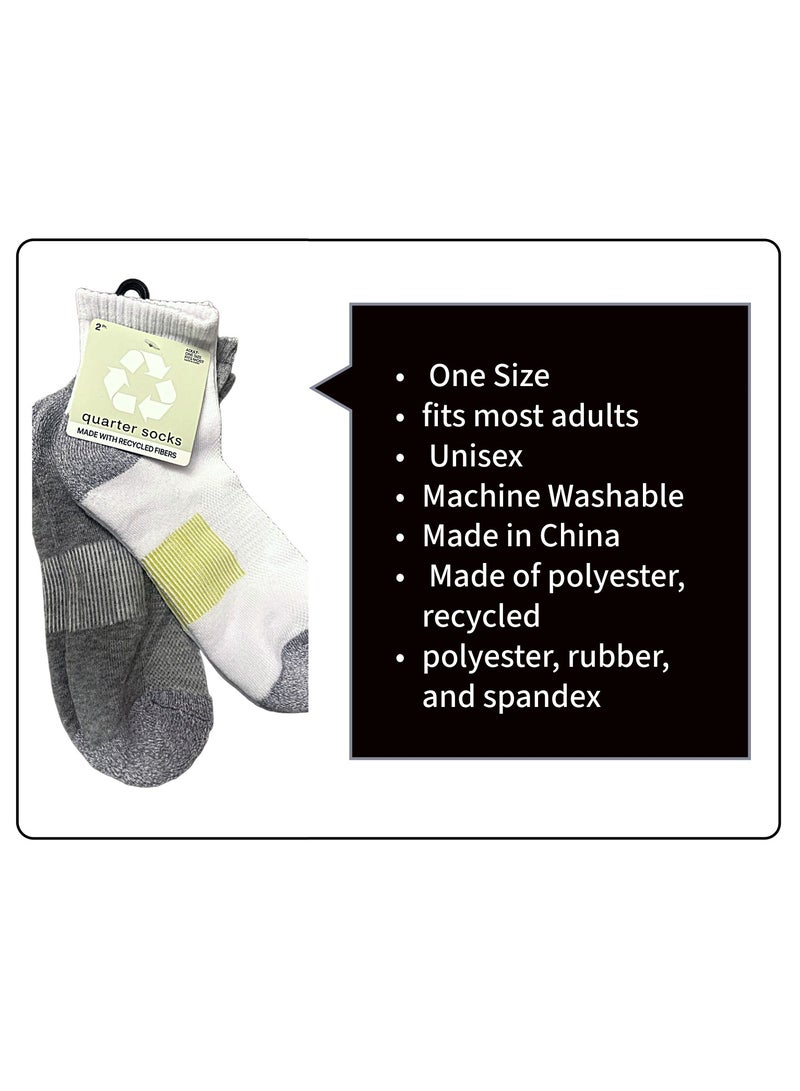 Socks Quarter Unisex White Gray Black Made With Recycled Fibers One Size 6 Pairs