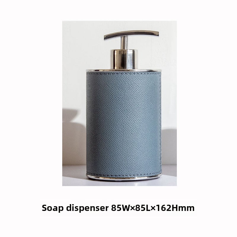 Modern European Bathroom Accessory SetRound soap dispenser with pale blue leather Round soap dispenser with pale blue leather