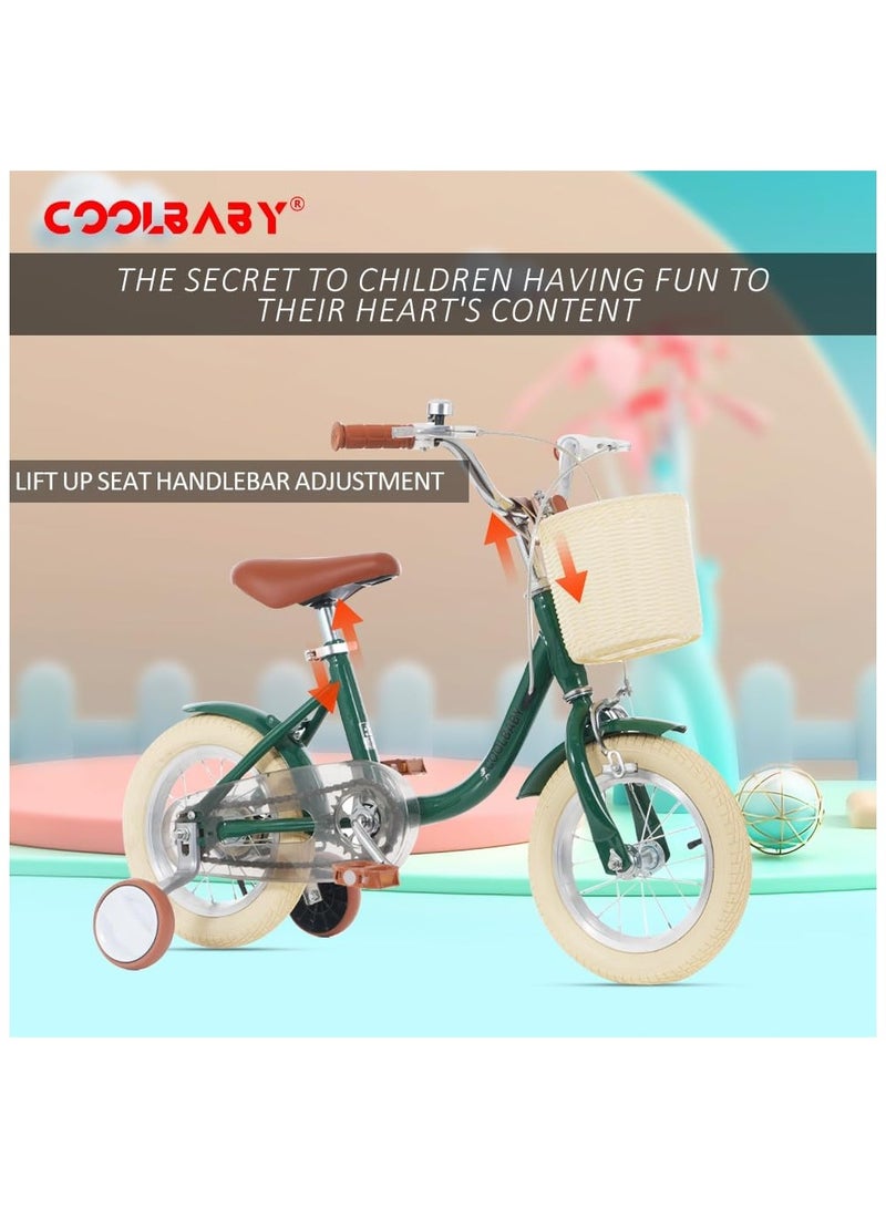 COOLBABY Children's Bicycles are Suitable for Children Aged 2-5.  Kids Bike with Adjustable Height with Storage Baskets and Auxiliary Wheels