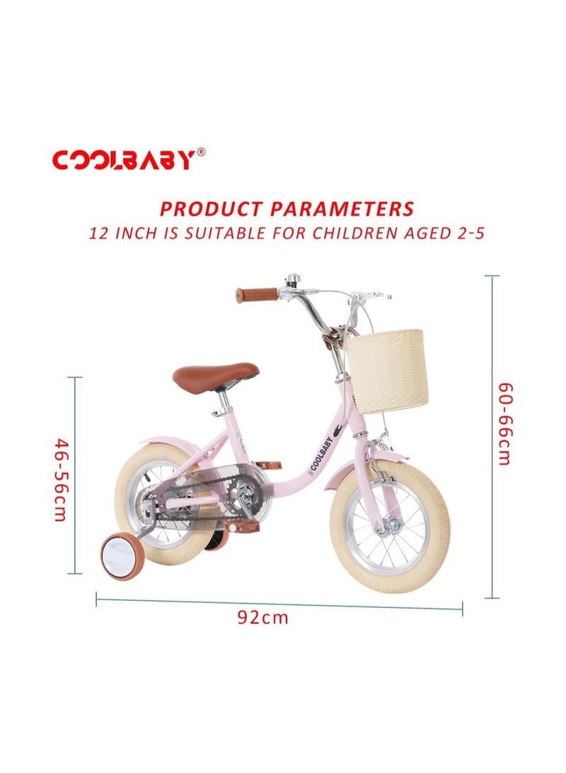 COOLBABY Children's Bicycles are Suitable for Children Aged 2-5.  Kids Bike with Adjustable Height with Storage Baskets and Auxiliary Wheels