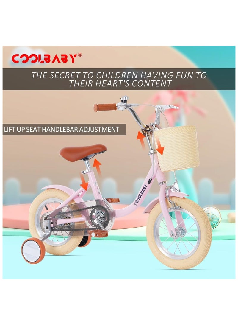 COOLBABY Children's Bicycles are Suitable for Children Aged 2-5.  Kids Bike with Adjustable Height with Storage Baskets and Auxiliary Wheels