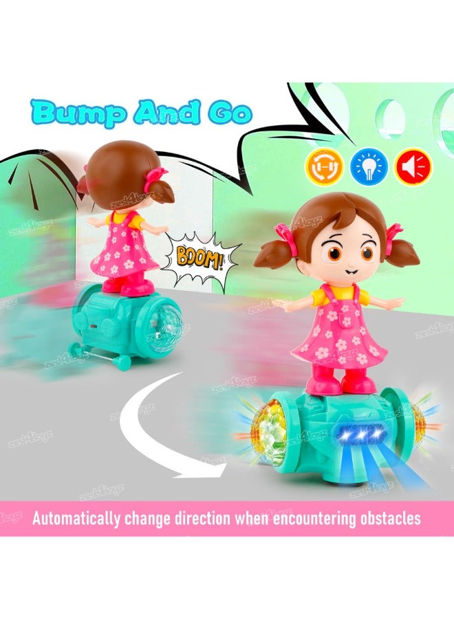 360 Degree Rotating Musical Dancing Girl Doll with Flashing Lights and Bump (Multicolour)