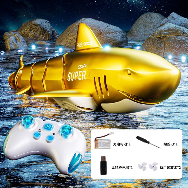 Cross-Border electric remote control shark wireless 2.4g water machinery simulation childrens water toy boat can be launched Wholesale Shining Golden shark-full waterproof [upgrade Remote Control + super strong power + swing around]]