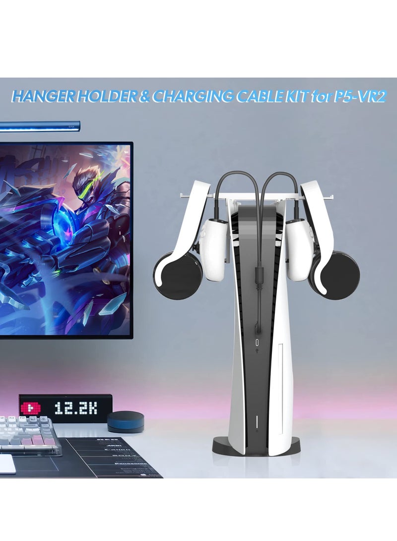 Holder Stand for PS VR2, Hanger Bracket Kit with Type C Double Charging Cable for PlayStation VR2, Charging Stand Headset Bracket for PSVR2 Handle Controllers and Headphone