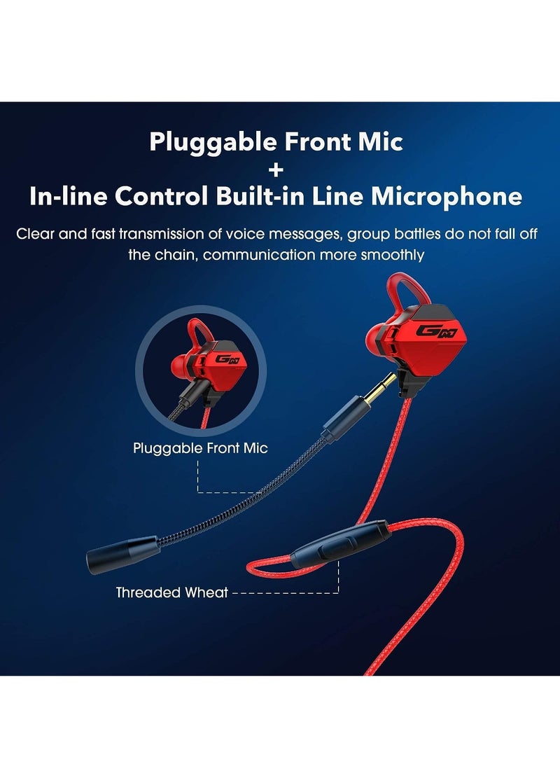 Gaming Earbuds with Microphone, Stereo Wired Headphones for Computer Gamer in-Ear Headphones with Detachable Mic for PS 5 Video Game E-Sport Earphone with 3.5mm Jack Red