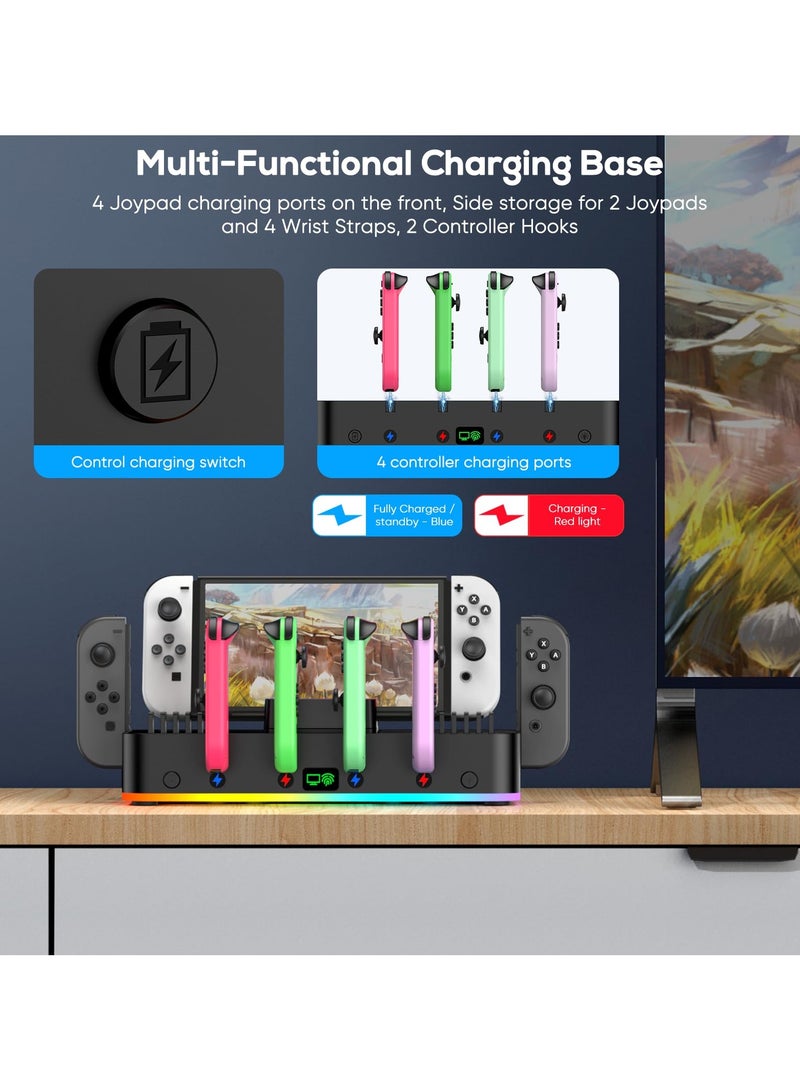 Switch Wall Mount with Charger, Wall Mount Kit Shelf for Nintendo Switch OLED, Controller Charging Dock Base with 15 Light Mode & 4 USB Port, Switch Organizer for 10 Card Slots