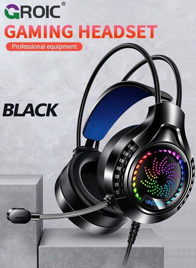 Black Wired Gaming Headset Headphones Portable Rotating Microphone 20-20KHz Net Bar Listening Music Game Head-mounted Earphone Headset with Sound Card