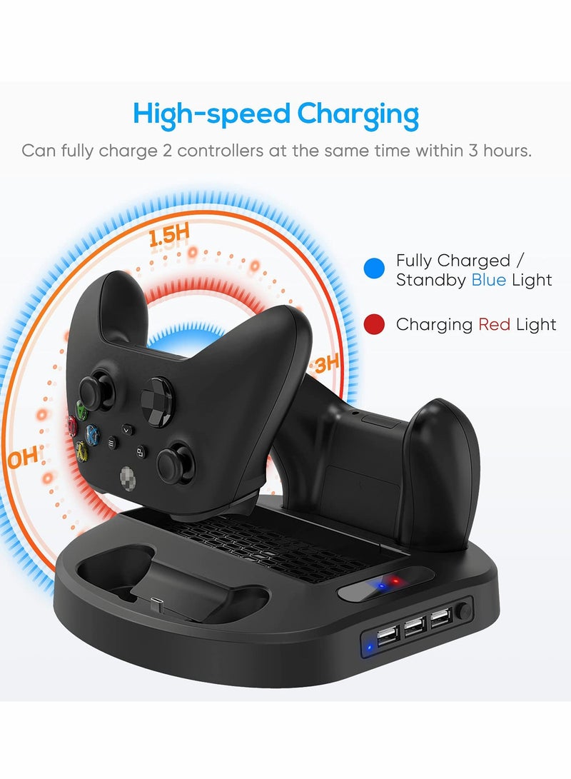 Vertical Charging Stand for Xbox Series S Controllers with Cooling Fan, LED Indicator, and 3 USB Ports for Convenient Charging and Storage.