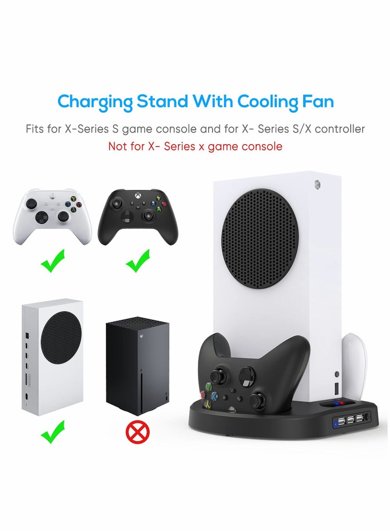 Vertical Charging Stand for Xbox Series S Controllers with Cooling Fan, LED Indicator, and 3 USB Ports for Convenient Charging and Storage.