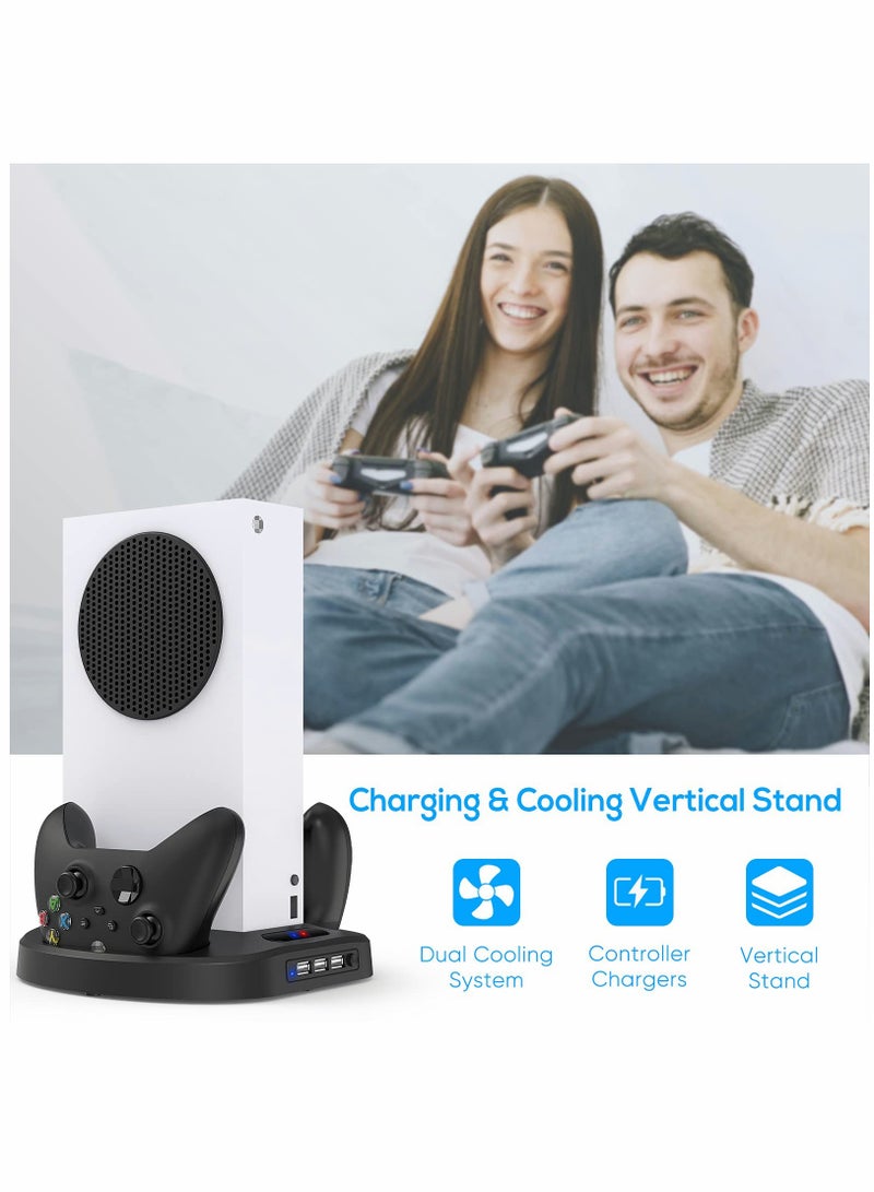 Vertical Charging Stand for Xbox Series S Controllers with Cooling Fan, LED Indicator, and 3 USB Ports for Convenient Charging and Storage.