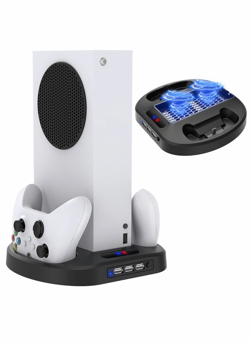 Vertical Charging Stand for Xbox Series S Controllers with Cooling Fan, LED Indicator, and 3 USB Ports for Convenient Charging and Storage.