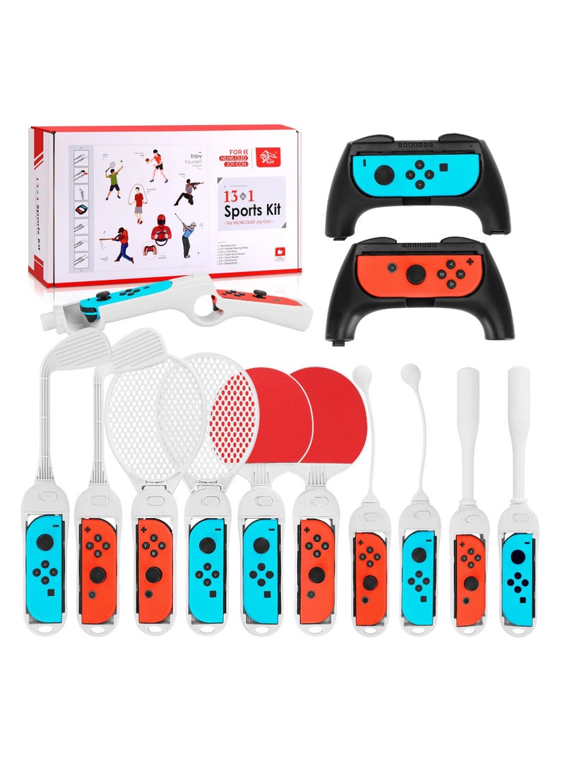 13-in-1 Nintendo Switch Sports Accessories Bundle, Family Kit with Tennis Racket, Joy-Con Grips, and Golf Club for Enhanced Gaming Experience.