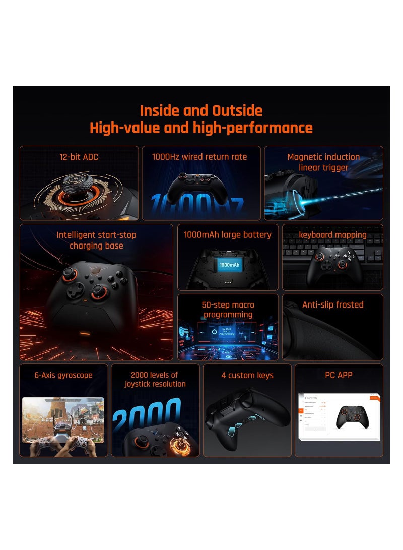 Wireless Gaming Controller for PC, Switch, iOS, and Android - Features Motion Aiming, Hall Trigger, 4 Custom Buttons, and Charging Dock - Dual Shock Controller for Ultimate Gaming Experience.