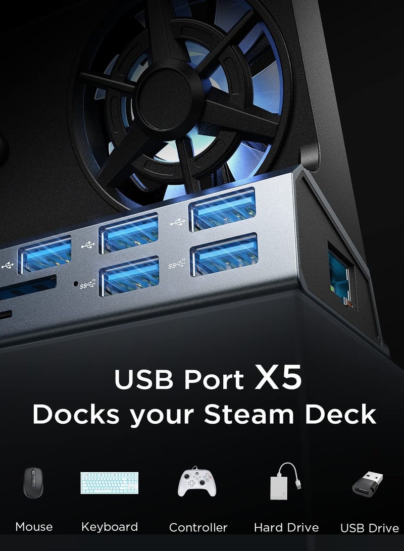 10-in-1 Steam Deck Docking Station with Fan, Supports HDMI 2.0 4K@60Hz, Gigabit Ethernet, Full-Speed USB-C Charging, USB-A 3.0, USB-A 2.0, SD(U3), and TF(U3) Slots.