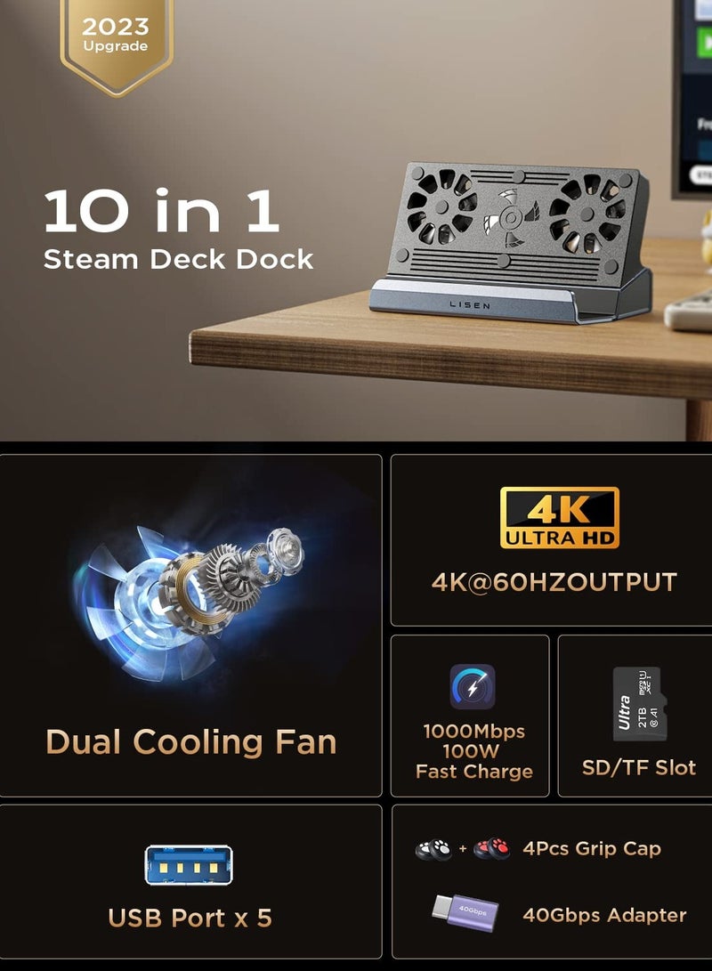 10-in-1 Steam Deck Docking Station with Fan, Supports HDMI 2.0 4K@60Hz, Gigabit Ethernet, Full-Speed USB-C Charging, USB-A 3.0, USB-A 2.0, SD(U3), and TF(U3) Slots.