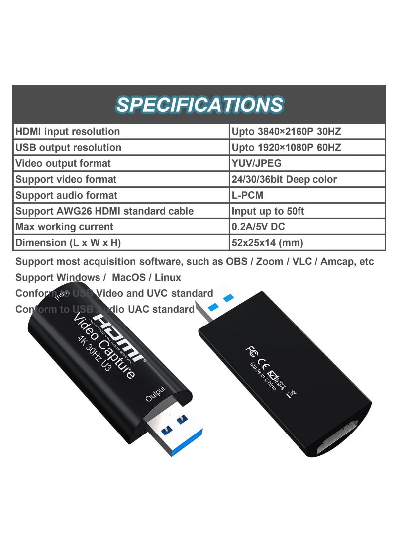 4K HDMI to USB 3.0 Capture Card Video Capture Card Device 1080P 60FPS Cam Link Card Game Capture Card Adapter Screen Record Capture Device for Streaming Gaming Video Conference