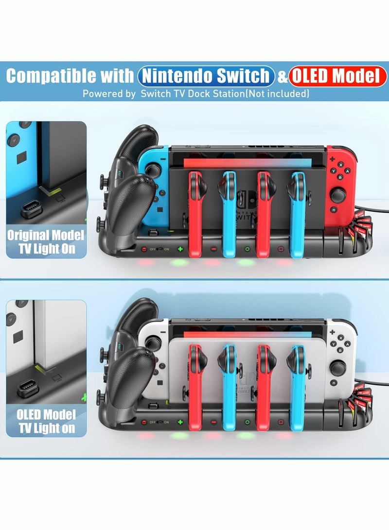 Controller Charger for Switch Original and for OLED Model, Charging Dock Station for Switch Joy-con and for Pro Controller, Charger Dock Stand with 4 Charging Slots and Detachable 8 Game Slots