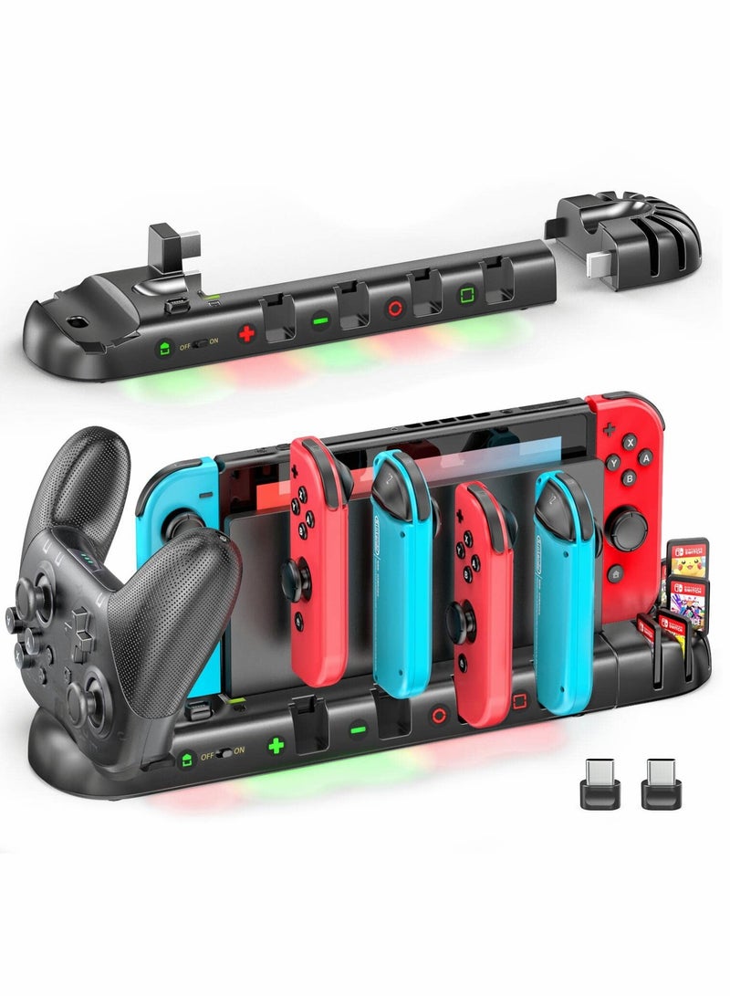 Controller Charger for Switch Original and for OLED Model, Charging Dock Station for Switch Joy-con and for Pro Controller, Charger Dock Stand with 4 Charging Slots and Detachable 8 Game Slots