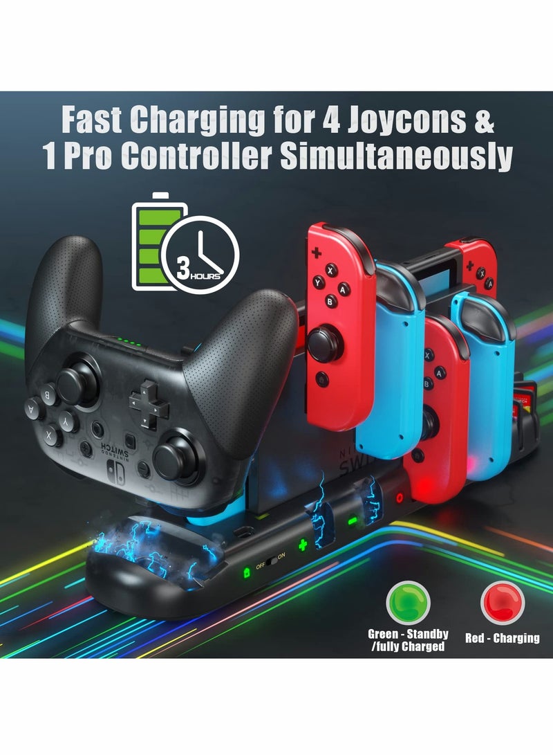 Controller Charger for Switch Original and for OLED Model, Charging Dock Station for Switch Joy-con and for Pro Controller, Charger Dock Stand with 4 Charging Slots and Detachable 8 Game Slots