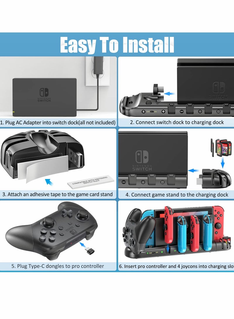 Controller Charger for Switch Original and for OLED Model, Charging Dock Station for Switch Joy-con and for Pro Controller, Charger Dock Stand with 4 Charging Slots and Detachable 8 Game Slots