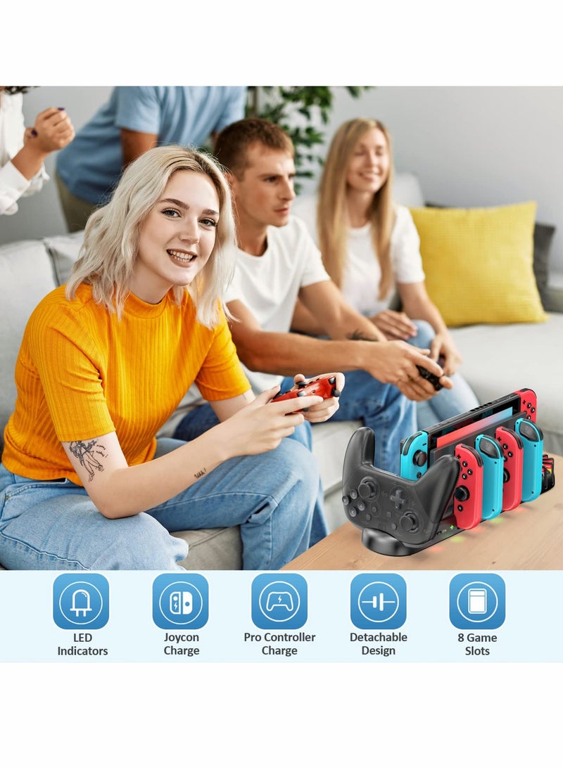 Controller Charger for Switch Original and for OLED Model, Charging Dock Station for Switch Joy-con and for Pro Controller, Charger Dock Stand with 4 Charging Slots and Detachable 8 Game Slots