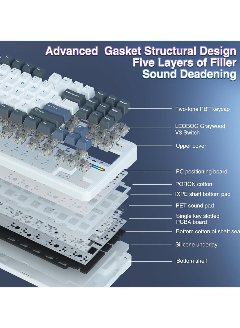 F87 Wireless Mechanical Keyboard,80% TKL Custom Hot Swappable Keyboard, Gasket Mount Gaming Keyboard with PBT Keycaps, Pre-lubed Greenwood V3 Switch,2.4GHz/USB-C/BT5.0 RGB Backlit Mechanical Keyboard